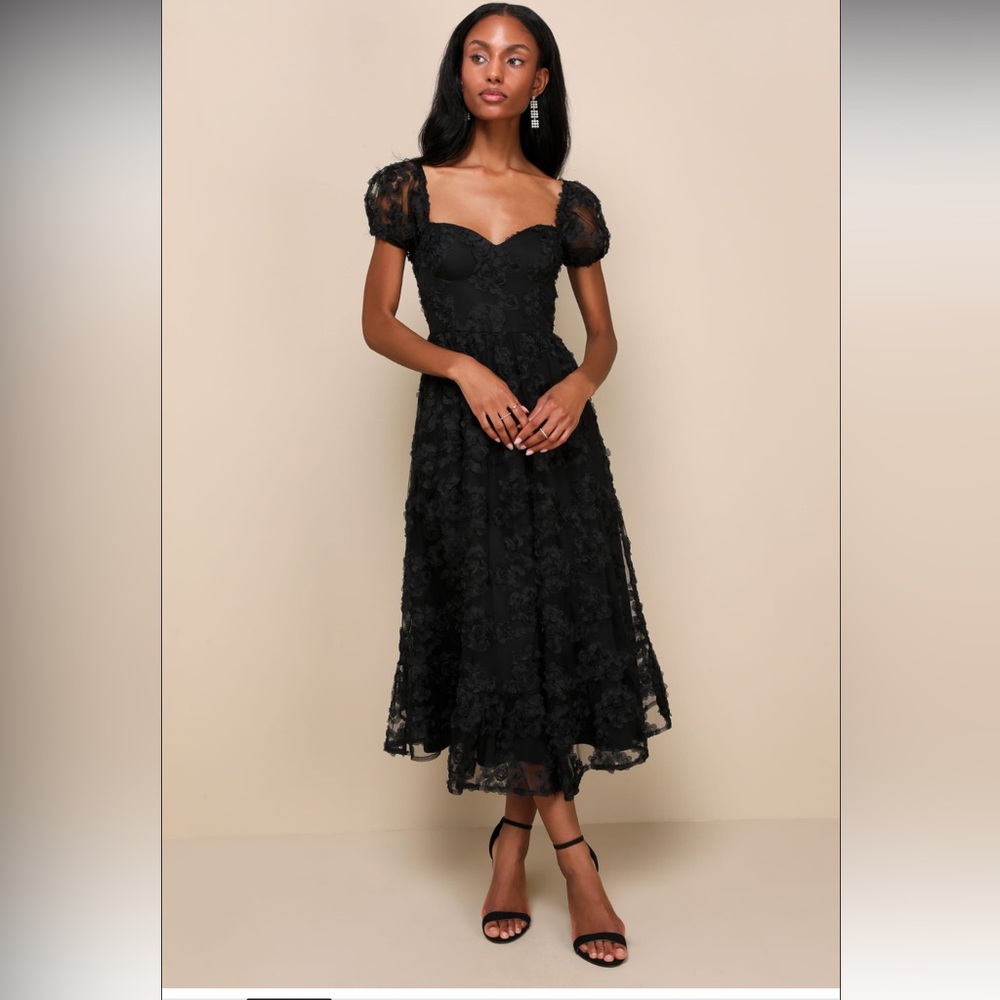 Lulu’s Notable Elegance Black Mesh Floral Applique Bustier Midi Dress